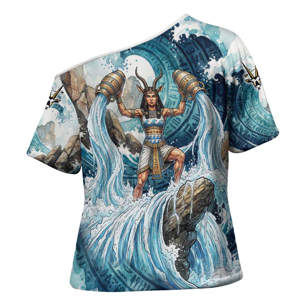 Satis Water Torrent Cross Shoulder Shirt with Egyptian Flood Symbolism in Oceanic Blue Tones