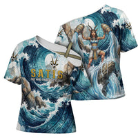 Satis Water Torrent Cross Shoulder Shirt with Egyptian Flood Symbolism in Oceanic Blue Tones