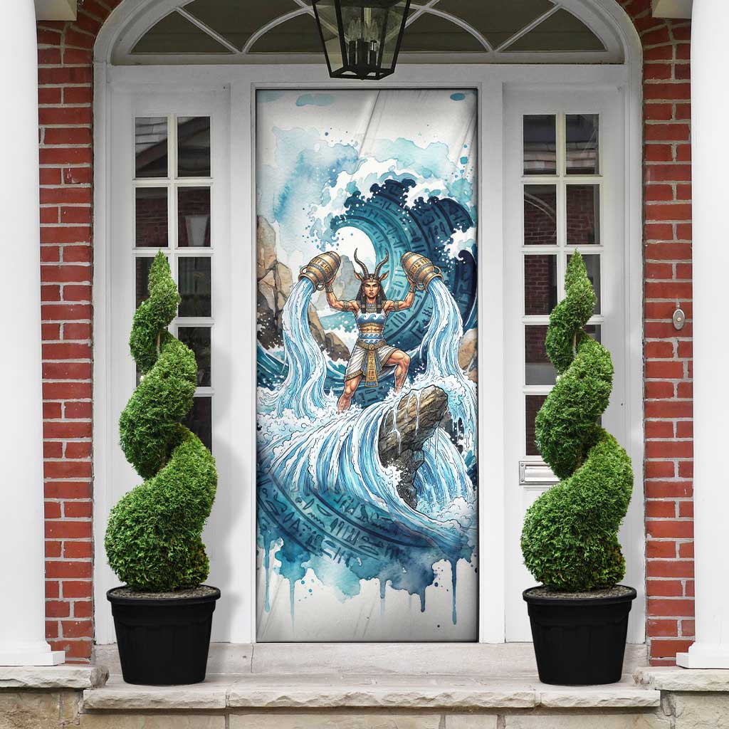 Satis Water Torrent Door Cover with Egyptian Flood Symbolism in Oceanic Blue Tones