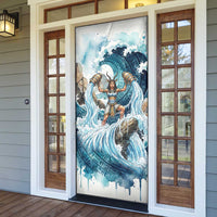 Satis Water Torrent Door Cover with Egyptian Flood Symbolism in Oceanic Blue Tones
