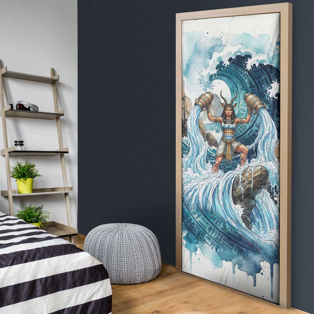 Satis Water Torrent Door Cover with Egyptian Flood Symbolism in Oceanic Blue Tones