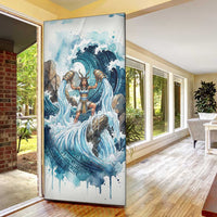 Satis Water Torrent Door Cover with Egyptian Flood Symbolism in Oceanic Blue Tones