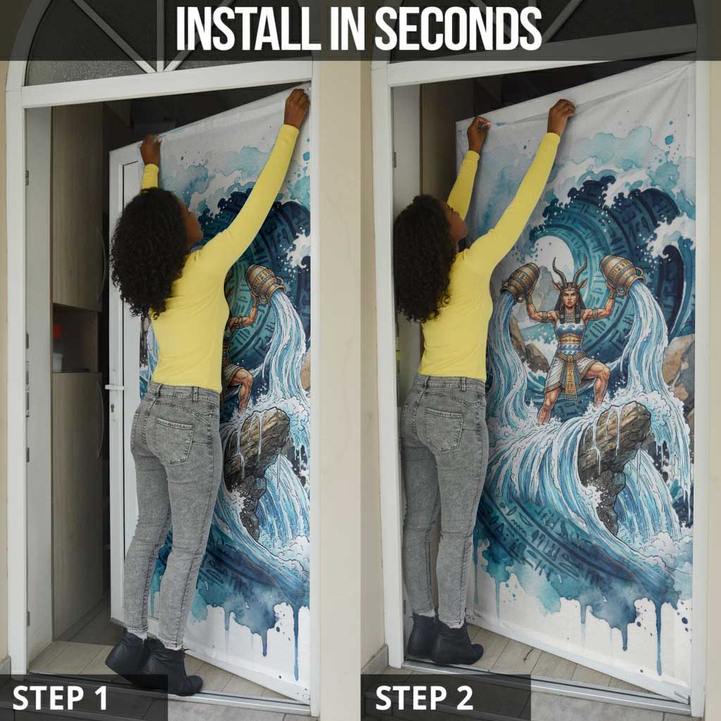 Satis Water Torrent Door Cover with Egyptian Flood Symbolism in Oceanic Blue Tones