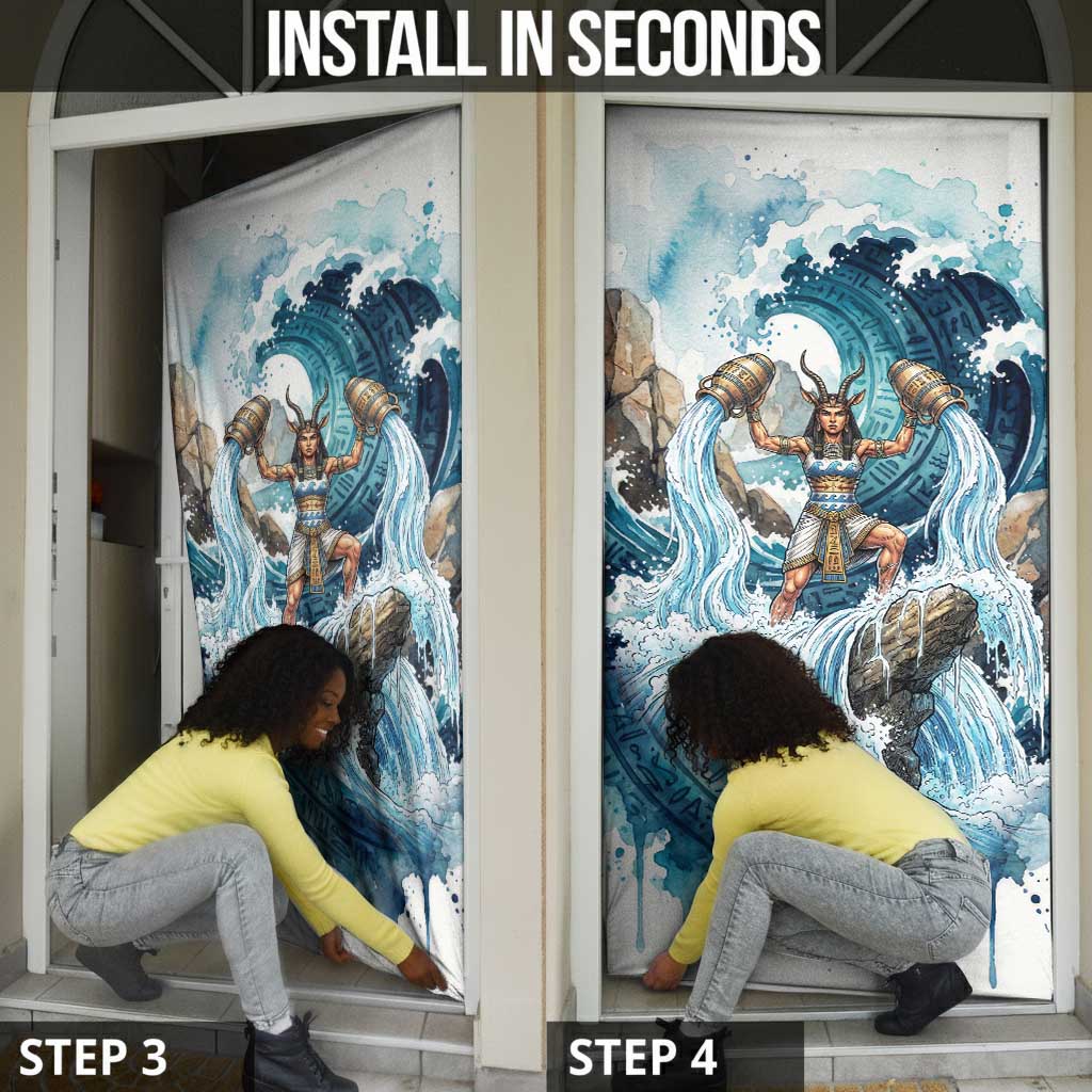 Satis Water Torrent Door Cover with Egyptian Flood Symbolism in Oceanic Blue Tones
