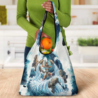 Satis Water Torrent Grocery Bag with Egyptian Flood Symbolism in Oceanic Blue Tones
