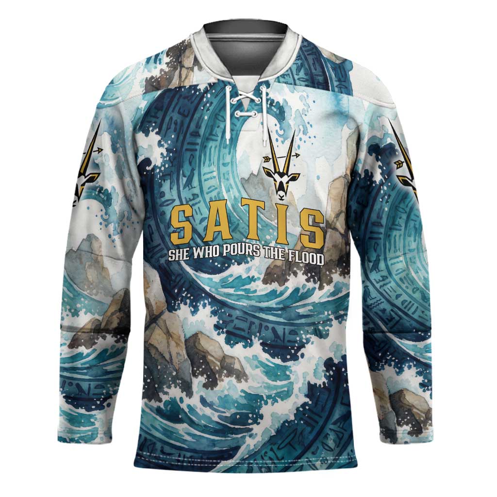 Satis Water Torrent Hockey Jersey with Egyptian Flood Symbolism in Oceanic Blue Tones