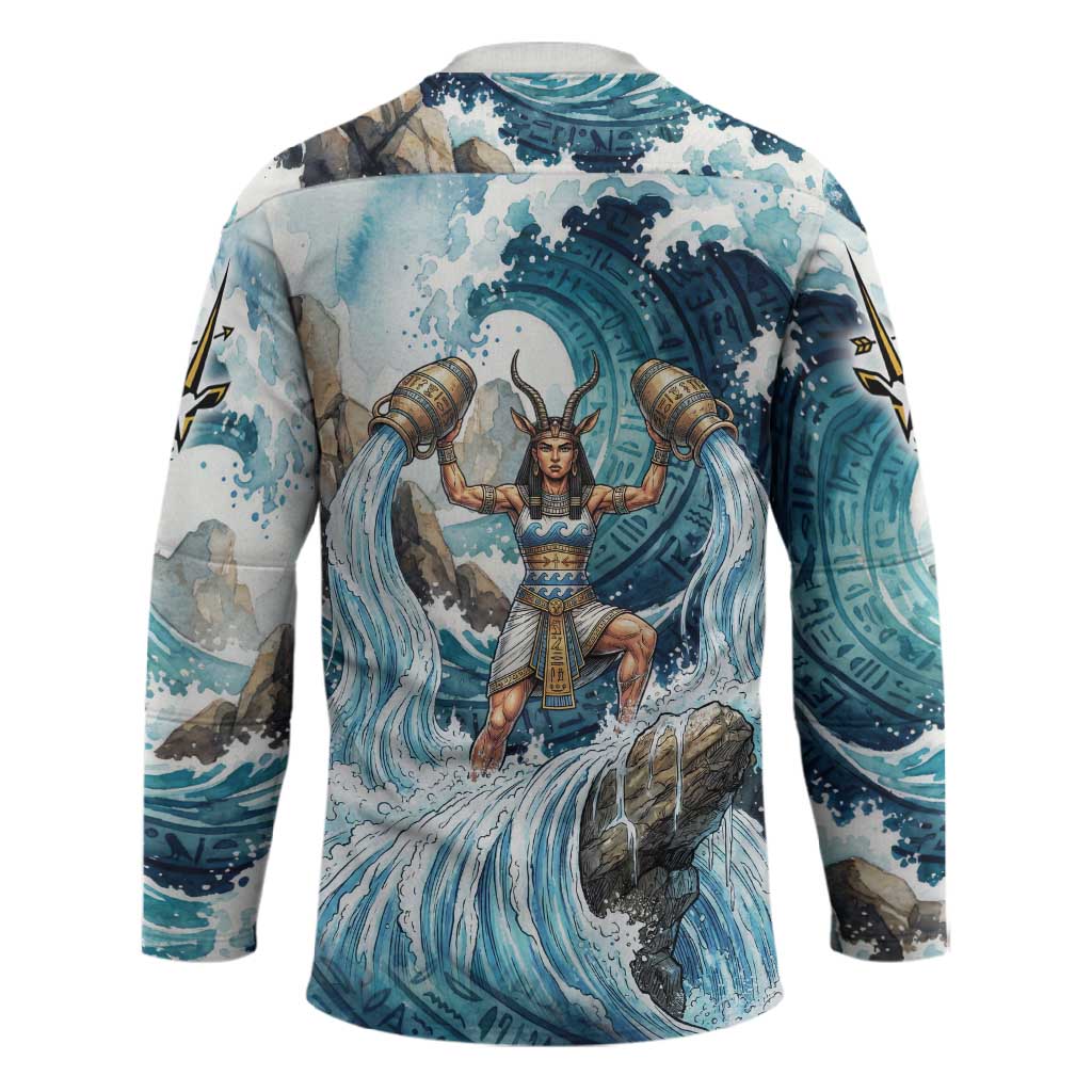 Satis Water Torrent Hockey Jersey with Egyptian Flood Symbolism in Oceanic Blue Tones