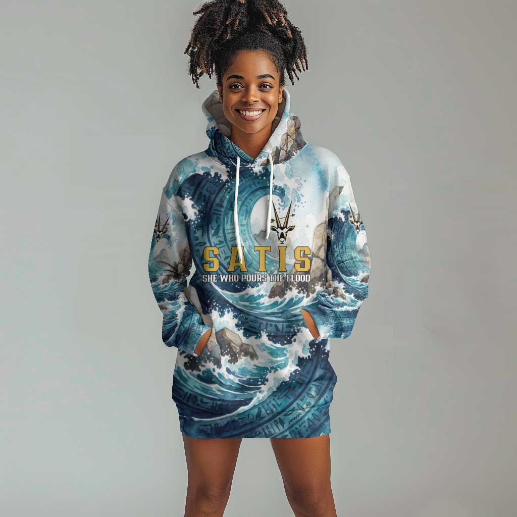 Satis Water Torrent Hoodie Dress with Egyptian Flood Symbolism in Oceanic Blue Tones