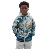 Satis Water Torrent Kid Hoodie with Egyptian Flood Symbolism in Oceanic Blue Tones