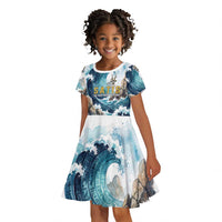 Satis Water Torrent Kid Short Sleeve Dress with Egyptian Flood Symbolism in Oceanic Blue Tones