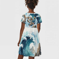 Satis Water Torrent Kid Short Sleeve Dress with Egyptian Flood Symbolism in Oceanic Blue Tones