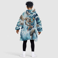 Satis Water Torrent Kid Wearable Blanket Hoodie with Egyptian Flood Symbolism in Oceanic Blue Tones