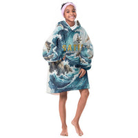 Satis Water Torrent Kid Wearable Blanket Hoodie with Egyptian Flood Symbolism in Oceanic Blue Tones