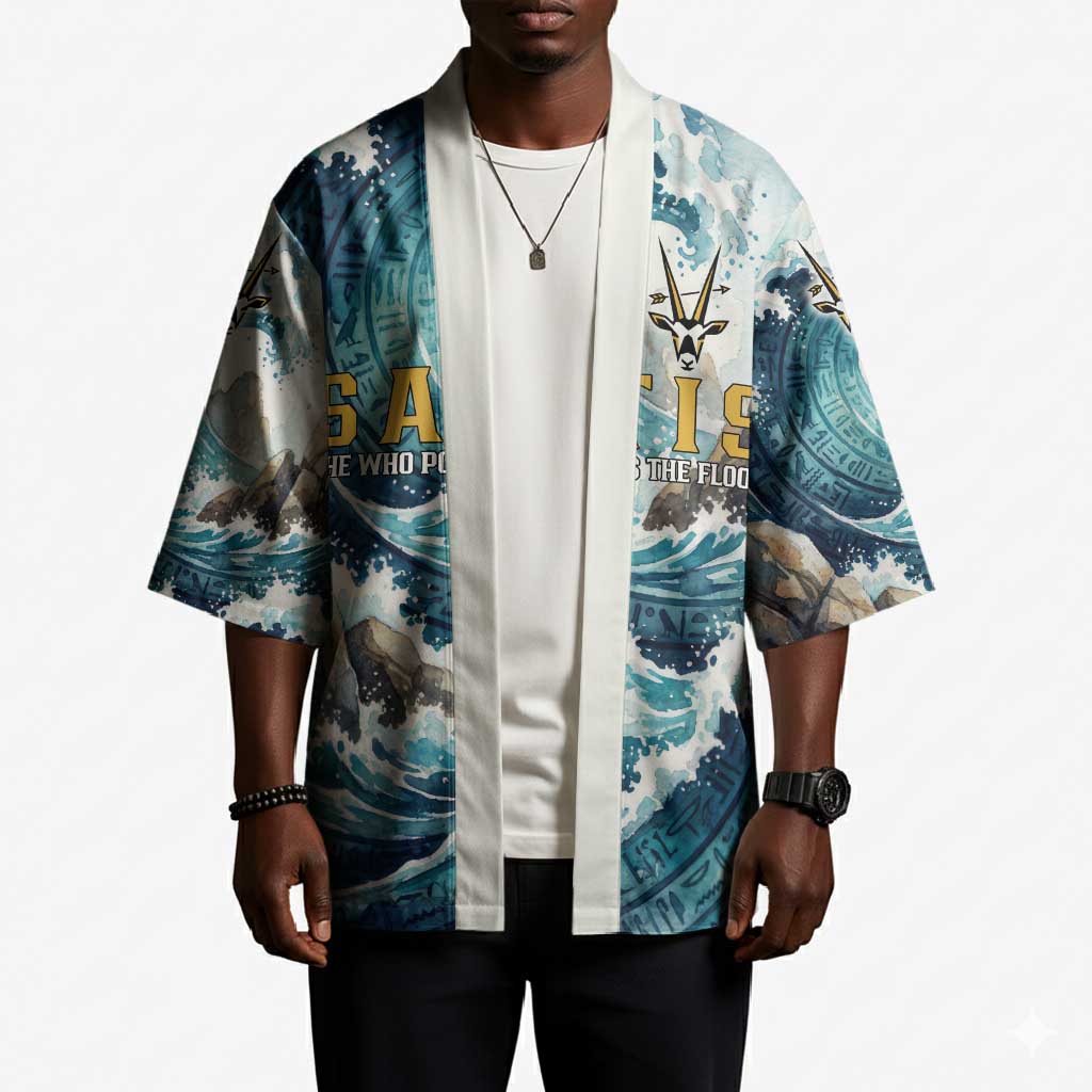 Satis Water Torrent Kimono with Egyptian Flood Symbolism in Oceanic Blue Tones