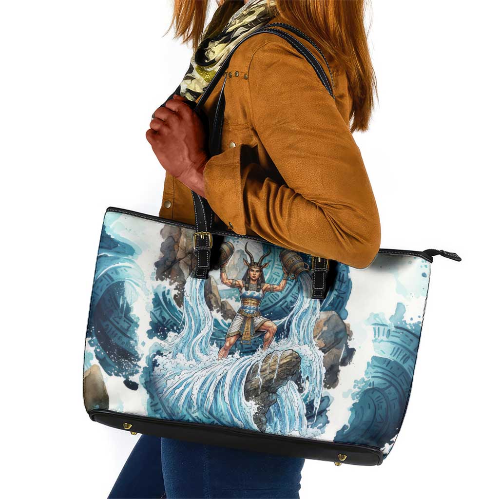 Satis Water Torrent Leather Tote Bag with Egyptian Flood Symbolism in Oceanic Blue Tones