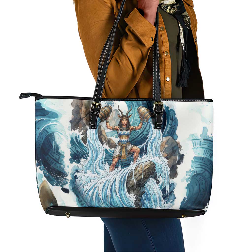 Satis Water Torrent Leather Tote Bag with Egyptian Flood Symbolism in Oceanic Blue Tones