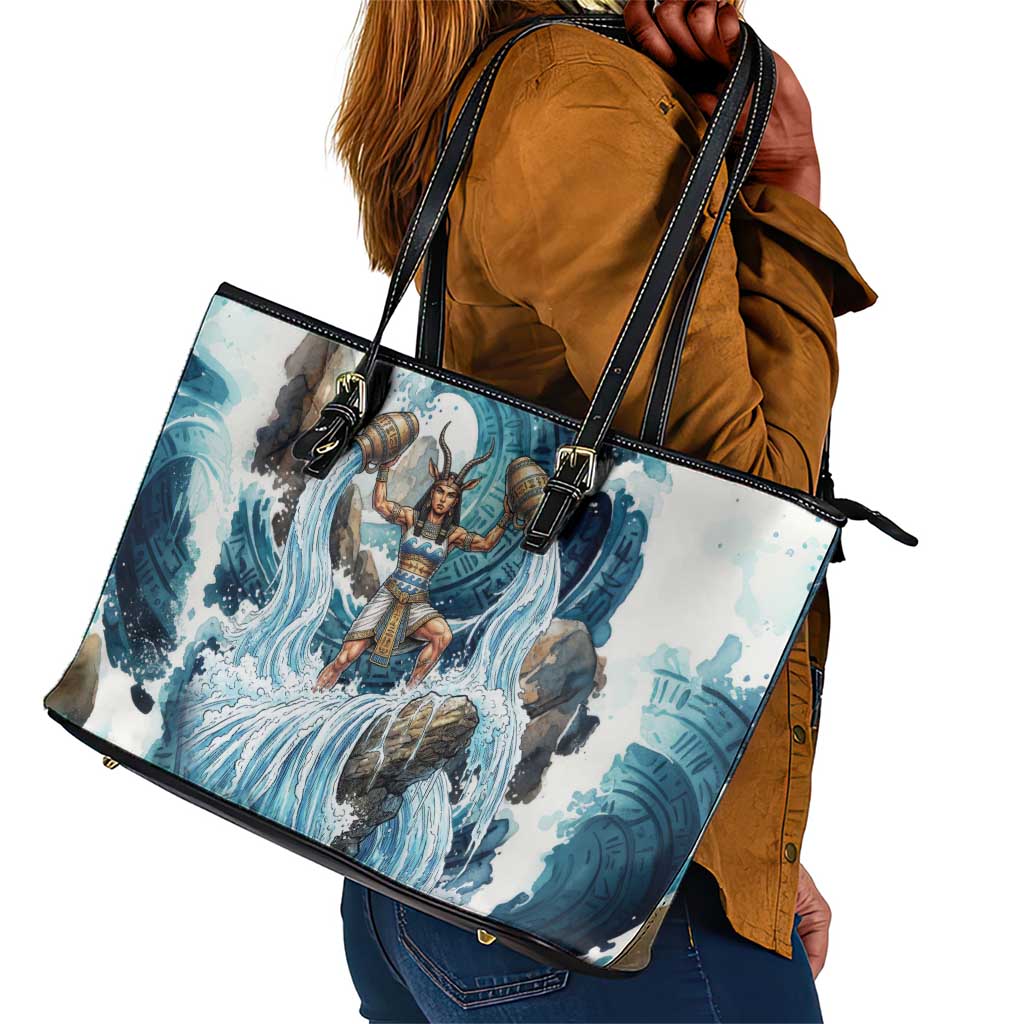 Satis Water Torrent Leather Tote Bag with Egyptian Flood Symbolism in Oceanic Blue Tones