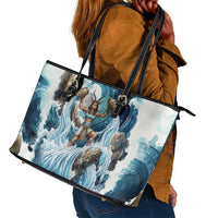 Satis Water Torrent Leather Tote Bag with Egyptian Flood Symbolism in Oceanic Blue Tones
