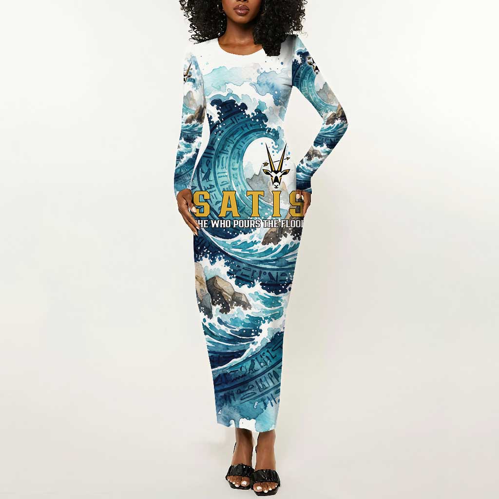 Satis Water Torrent Long Sleeve Bodycon Dress with Egyptian Flood Symbolism in Oceanic Blue Tones