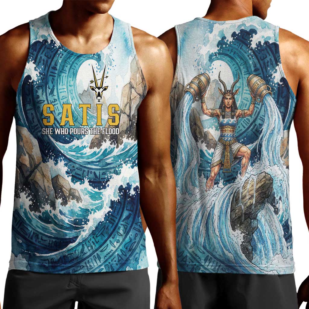 Satis Water Torrent Men Tank Top with Egyptian Flood Symbolism in Oceanic Blue Tones