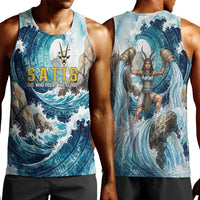 Satis Water Torrent Men Tank Top with Egyptian Flood Symbolism in Oceanic Blue Tones