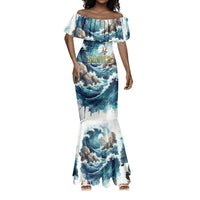 Satis Water Torrent Mermaid Dress with Egyptian Flood Symbolism in Oceanic Blue Tones