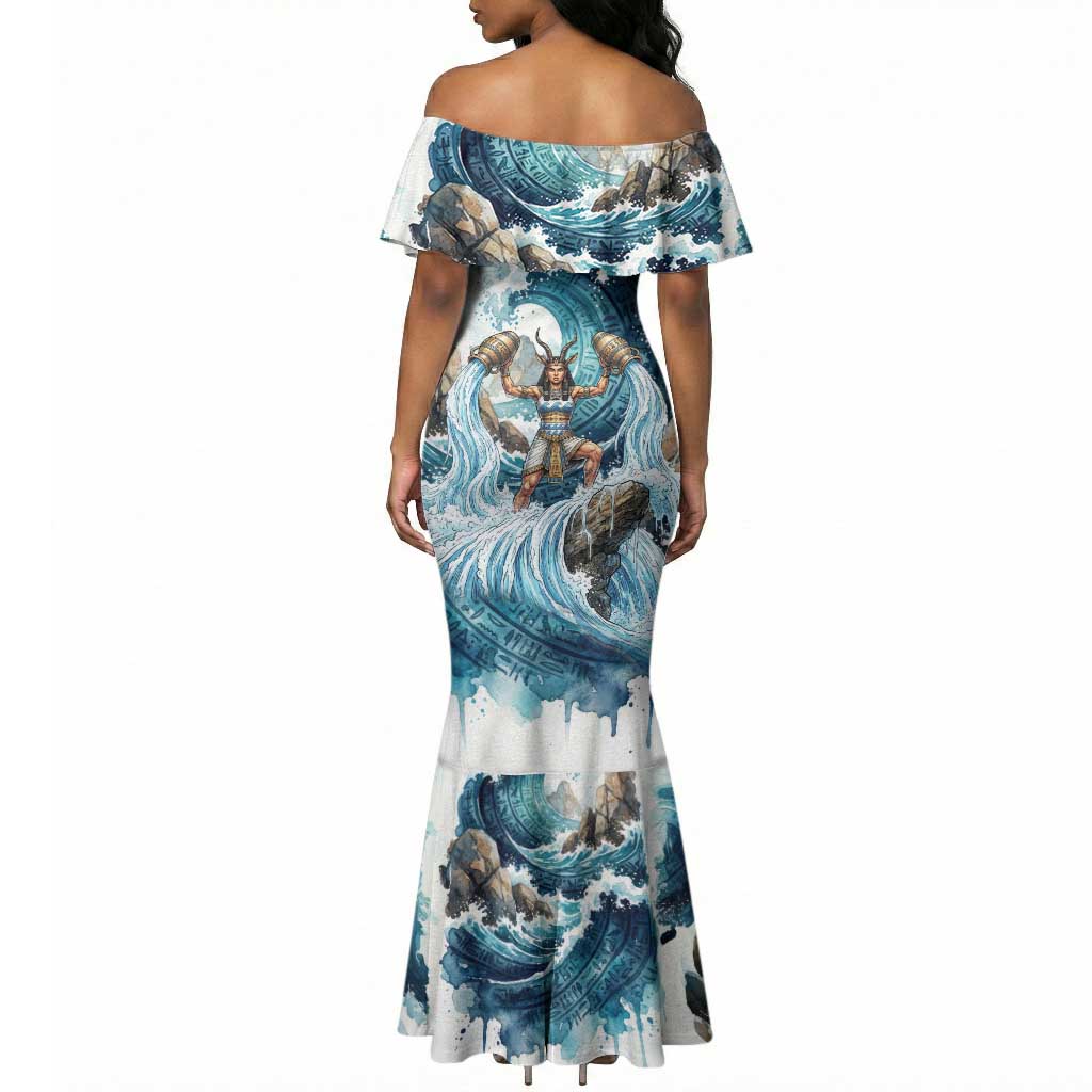 Satis Water Torrent Mermaid Dress with Egyptian Flood Symbolism in Oceanic Blue Tones