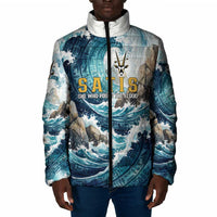 Satis Water Torrent Padded Jacket with Egyptian Flood Symbolism in Oceanic Blue Tones