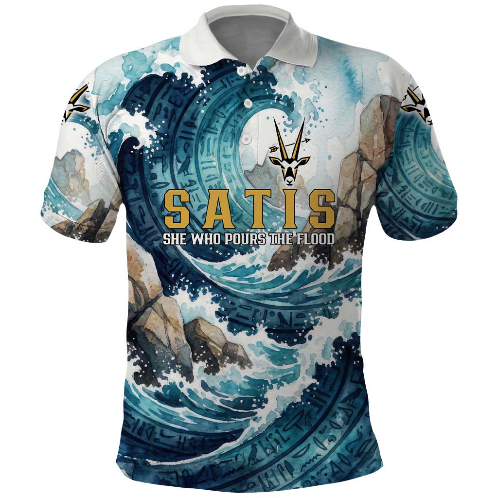 Satis Water Torrent Polo Shirt with Egyptian Flood Symbolism in Oceanic Blue Tones