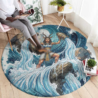 Satis Water Torrent Round Carpet with Egyptian Flood Symbolism in Oceanic Blue Tones