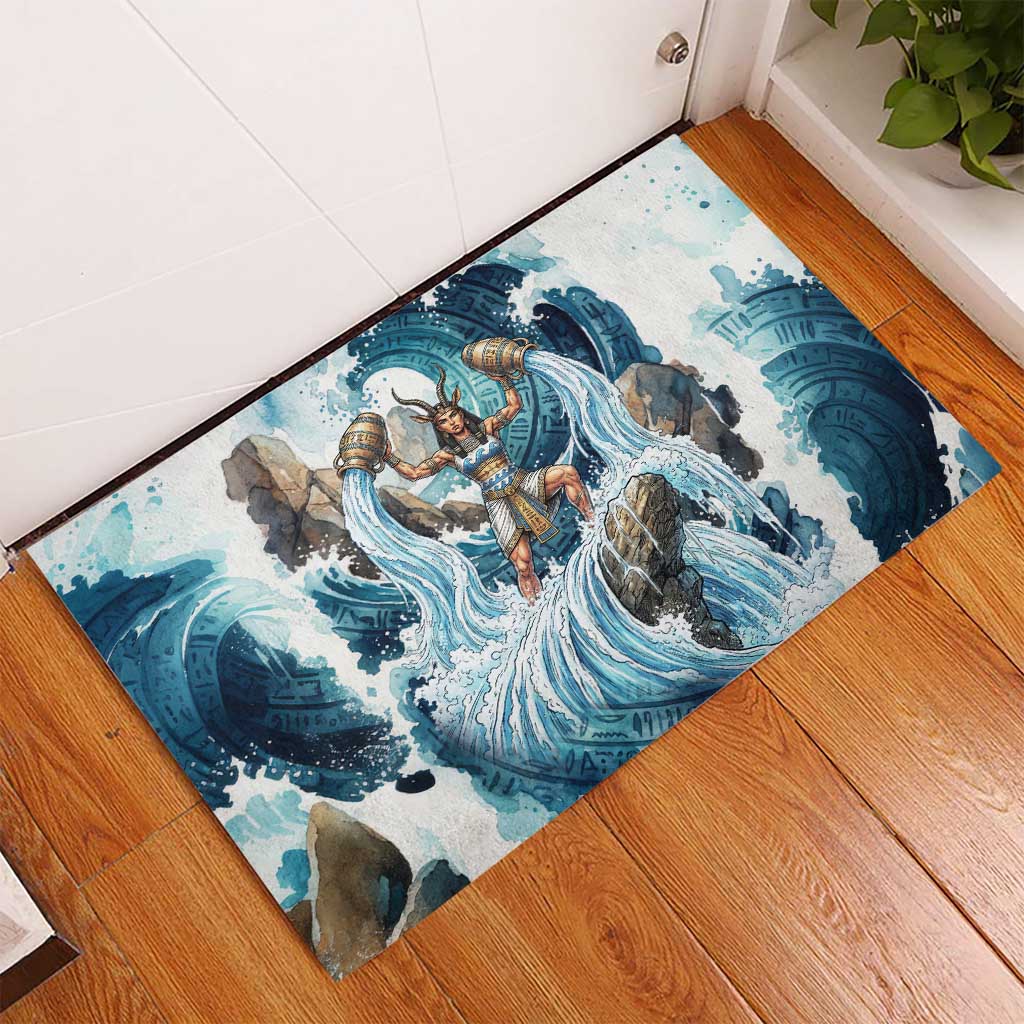 Satis Water Torrent Rubber Doormat with Egyptian Flood Symbolism in Oceanic Blue Tones