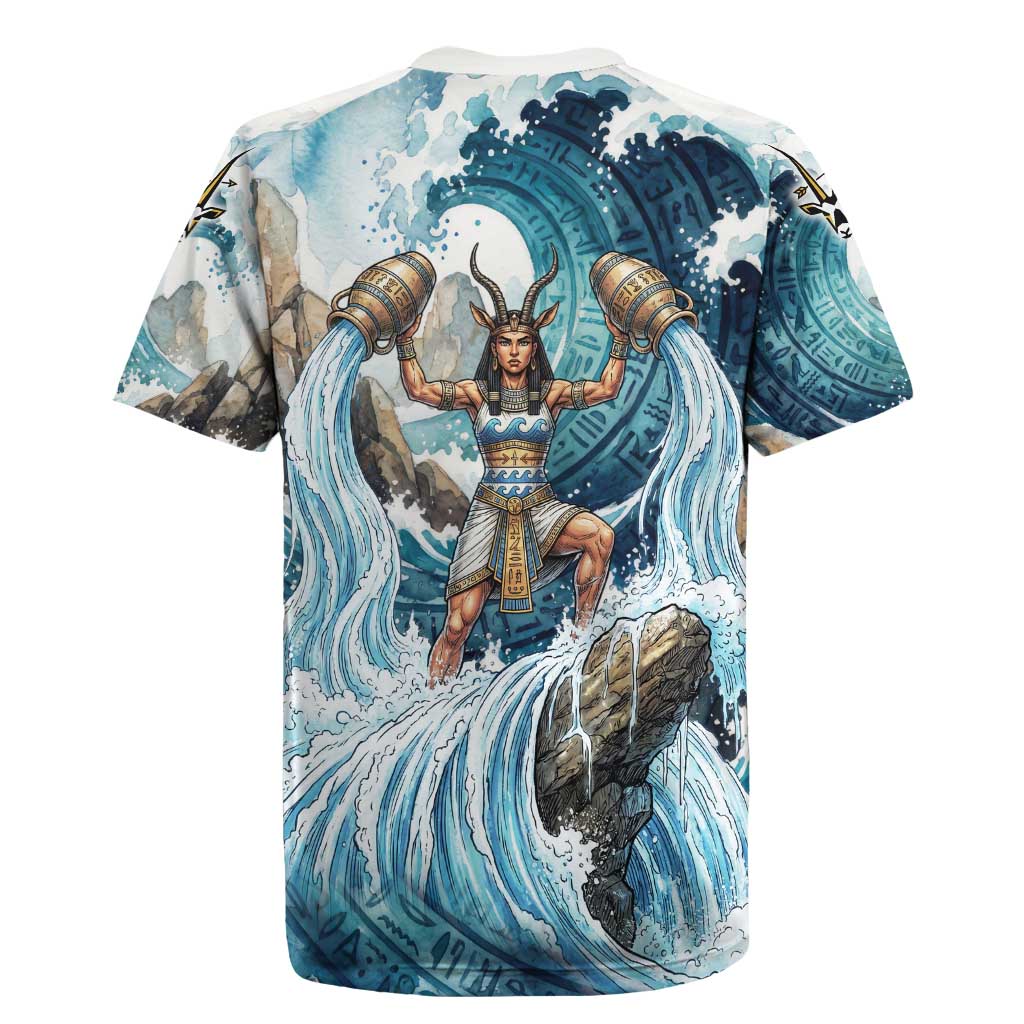 Satis Water Torrent Rugby Jersey with Egyptian Flood Symbolism in Oceanic Blue Tones