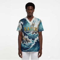 Satis Water Torrent Scrub Top with Egyptian Flood Symbolism in Oceanic Blue Tones
