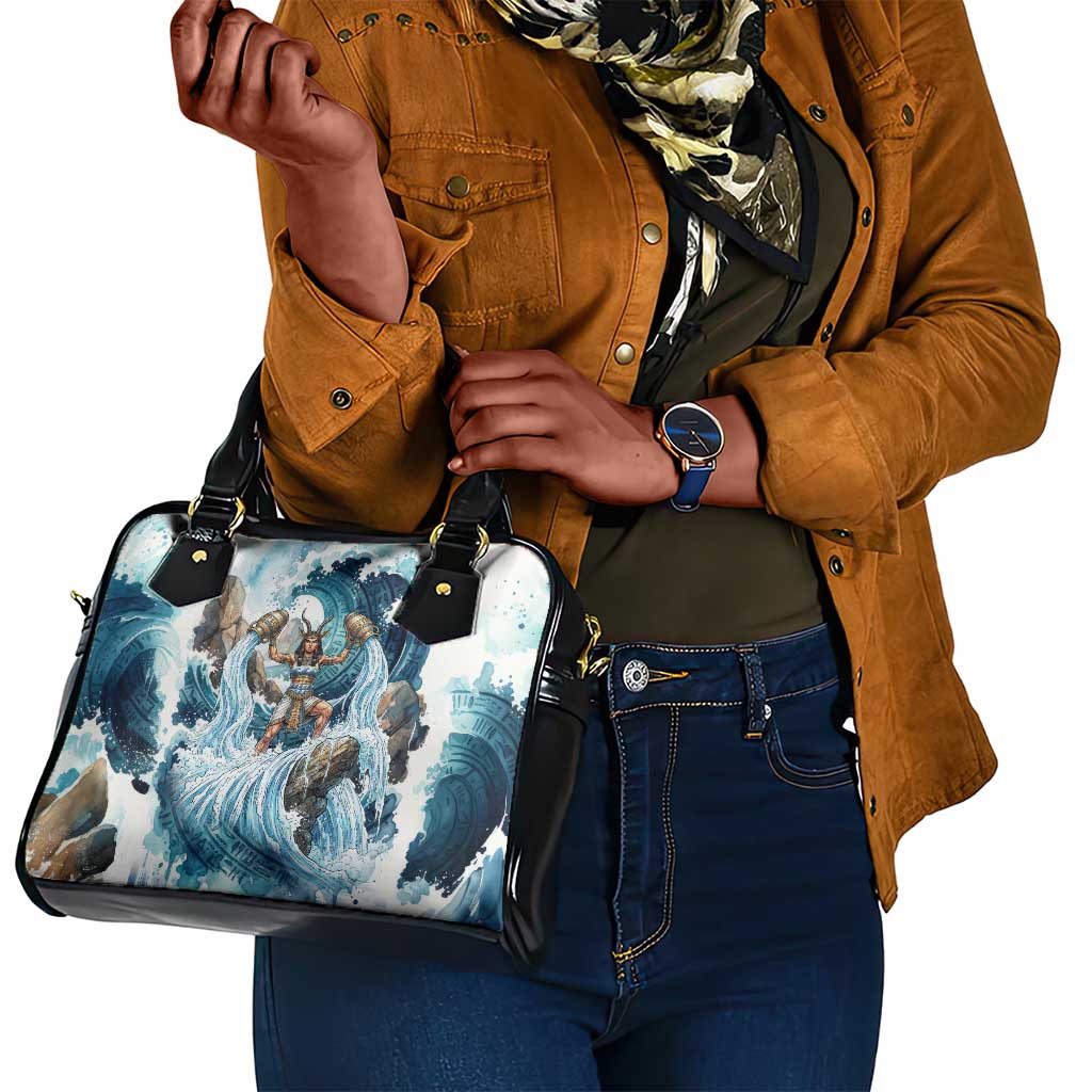 Satis Water Torrent Shoulder Handbag with Egyptian Flood Symbolism in Oceanic Blue Tones
