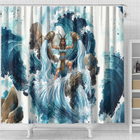 Satis Water Torrent Shower Curtain with Egyptian Flood Symbolism in Oceanic Blue Tones