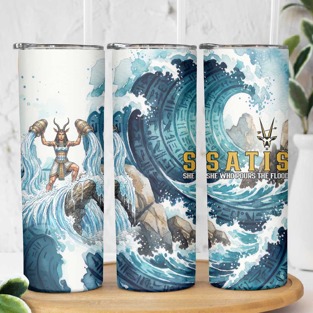 Satis Water Torrent Skinny Tumbler with Egyptian Flood Symbolism in Oceanic Blue Tones