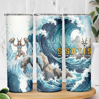 Satis Water Torrent Skinny Tumbler with Egyptian Flood Symbolism in Oceanic Blue Tones