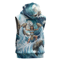 Satis Water Torrent Sleeveless Hoodie with Egyptian Flood Symbolism in Oceanic Blue Tones