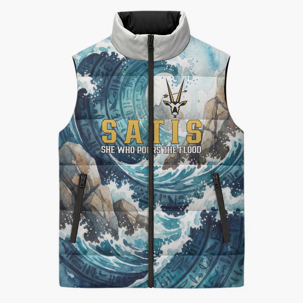 Satis Water Torrent Sleeveless Puffer Jacket with Egyptian Flood Symbolism in Oceanic Blue Tones