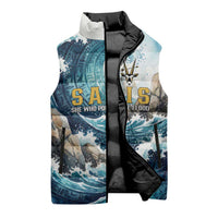 Satis Water Torrent Sleeveless Puffer Jacket with Egyptian Flood Symbolism in Oceanic Blue Tones