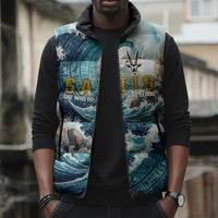 Satis Water Torrent Sleeveless Puffer Jacket with Egyptian Flood Symbolism in Oceanic Blue Tones