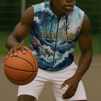 Satis Water Torrent Sleeveless Zip Hoodie with Egyptian Flood Symbolism in Oceanic Blue Tones