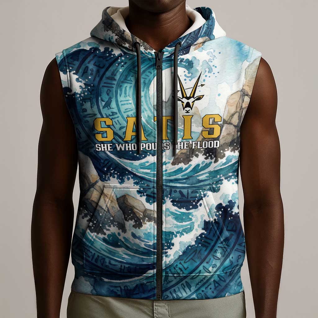 Satis Water Torrent Sleeveless Zip Hoodie with Egyptian Flood Symbolism in Oceanic Blue Tones