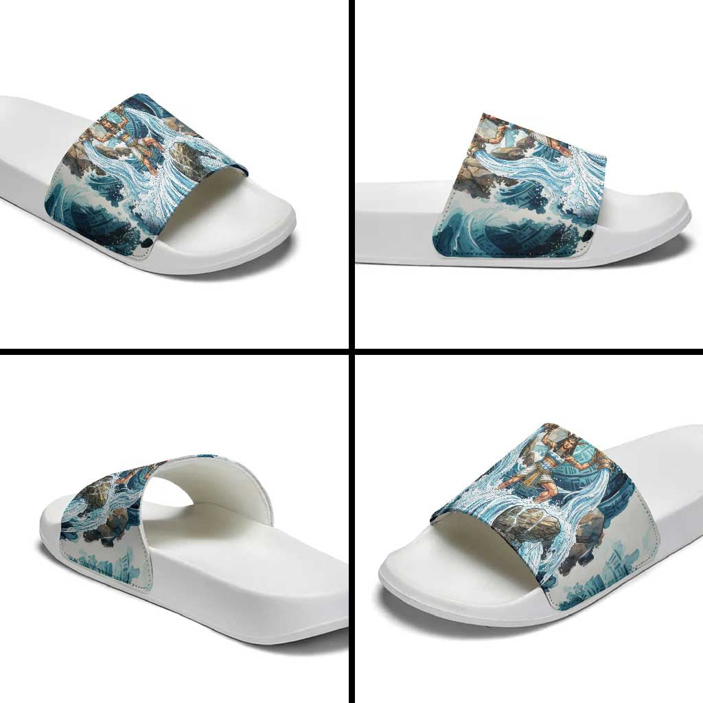 Satis Water Torrent Slide Sandals with Egyptian Flood Symbolism in Oceanic Blue Tones
