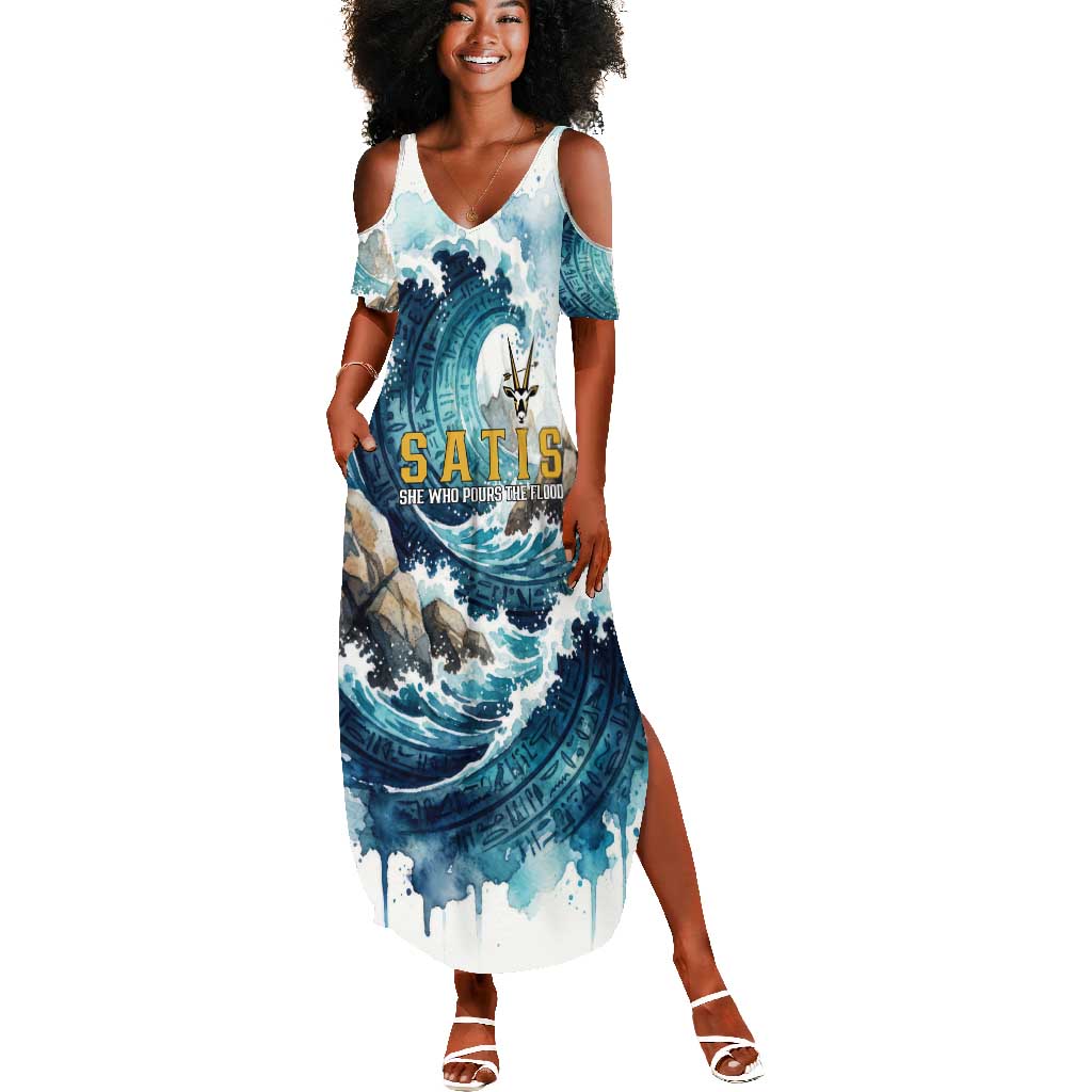 Satis Water Torrent Summer Maxi Dress with Egyptian Flood Symbolism in Oceanic Blue Tones