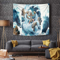 Satis Water Torrent Tapestry with Egyptian Flood Symbolism in Oceanic Blue Tones