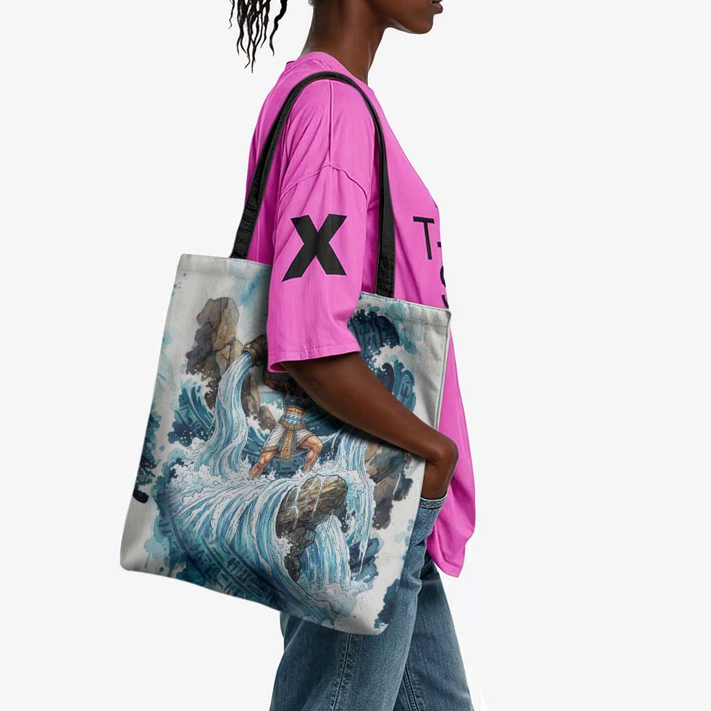Satis Water Torrent Tote Bag with Egyptian Flood Symbolism in Oceanic Blue Tones