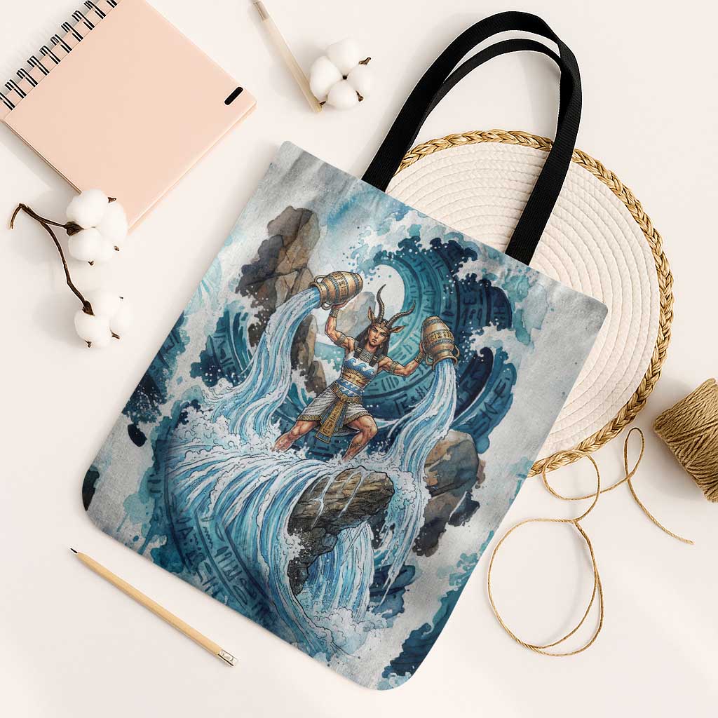 Satis Water Torrent Tote Bag with Egyptian Flood Symbolism in Oceanic Blue Tones