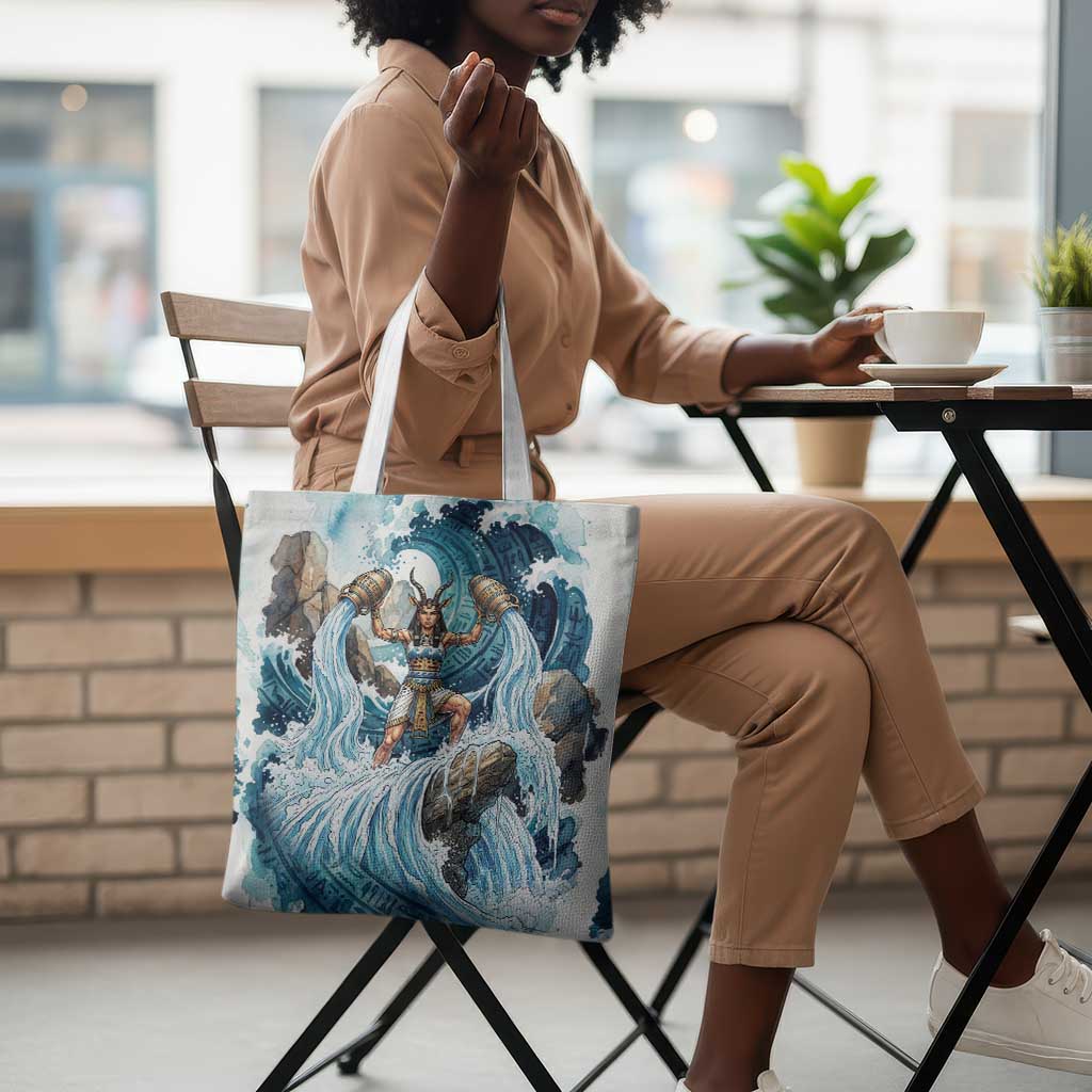 Satis Water Torrent Tote Bag with Egyptian Flood Symbolism in Oceanic Blue Tones