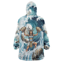 Satis Water Torrent Wearable Blanket Hoodie with Egyptian Flood Symbolism in Oceanic Blue Tones